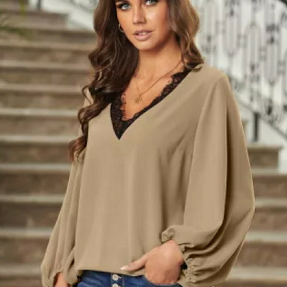 REStocked Khaki Lace V Neck Top